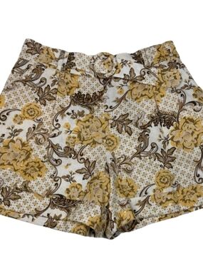 High-Waist Cream,brown,mustard Floral Belted Paisley Women’s Shorts — Size 2